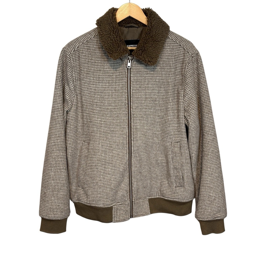 Express L Houndstooth Sherpa Bomber Jacket Brown Men's Classic Grunge 90s Alt‎